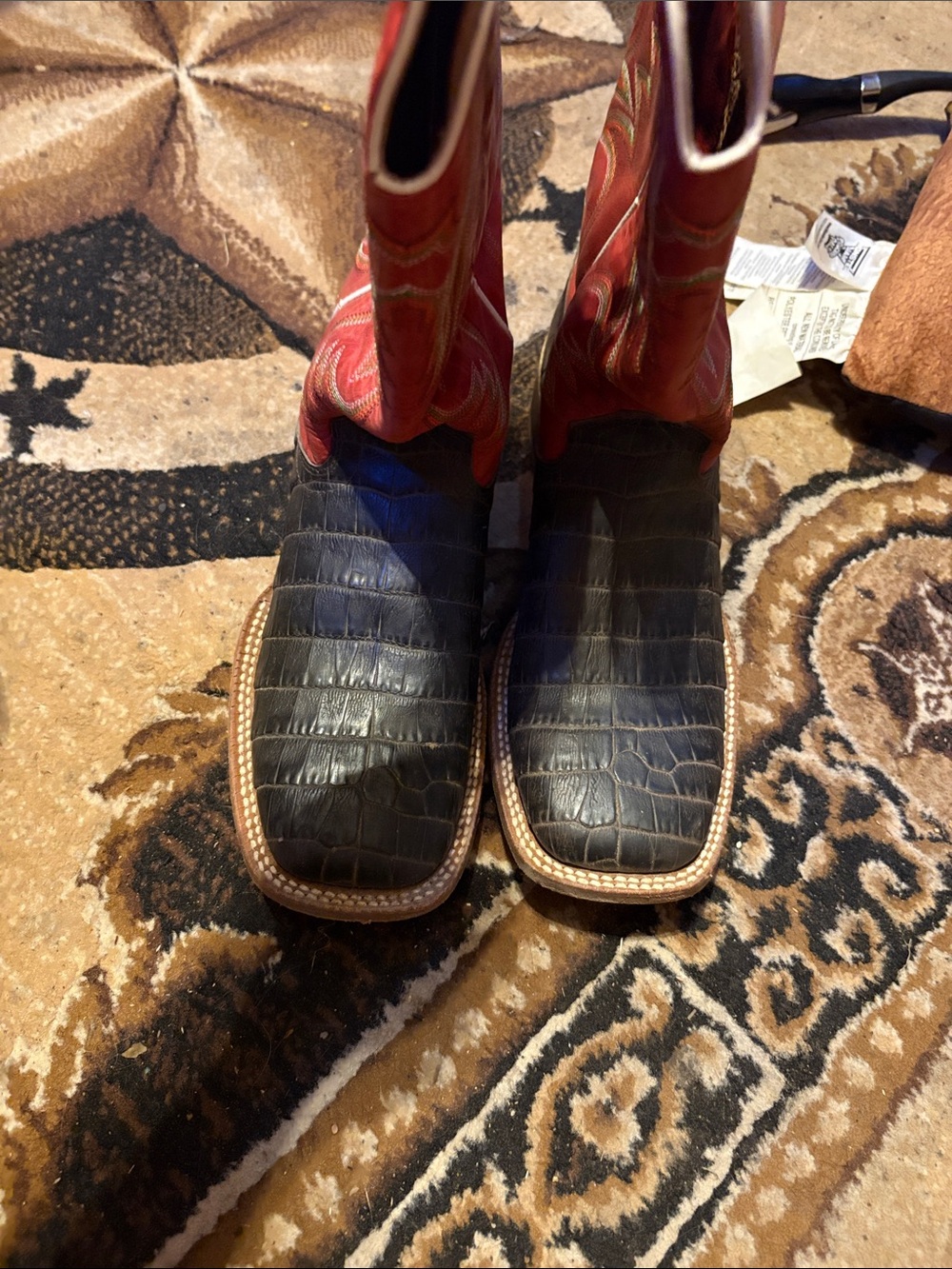 Woman’s  Black Croc-Embossed Leather Western Boots with Red Shaft
